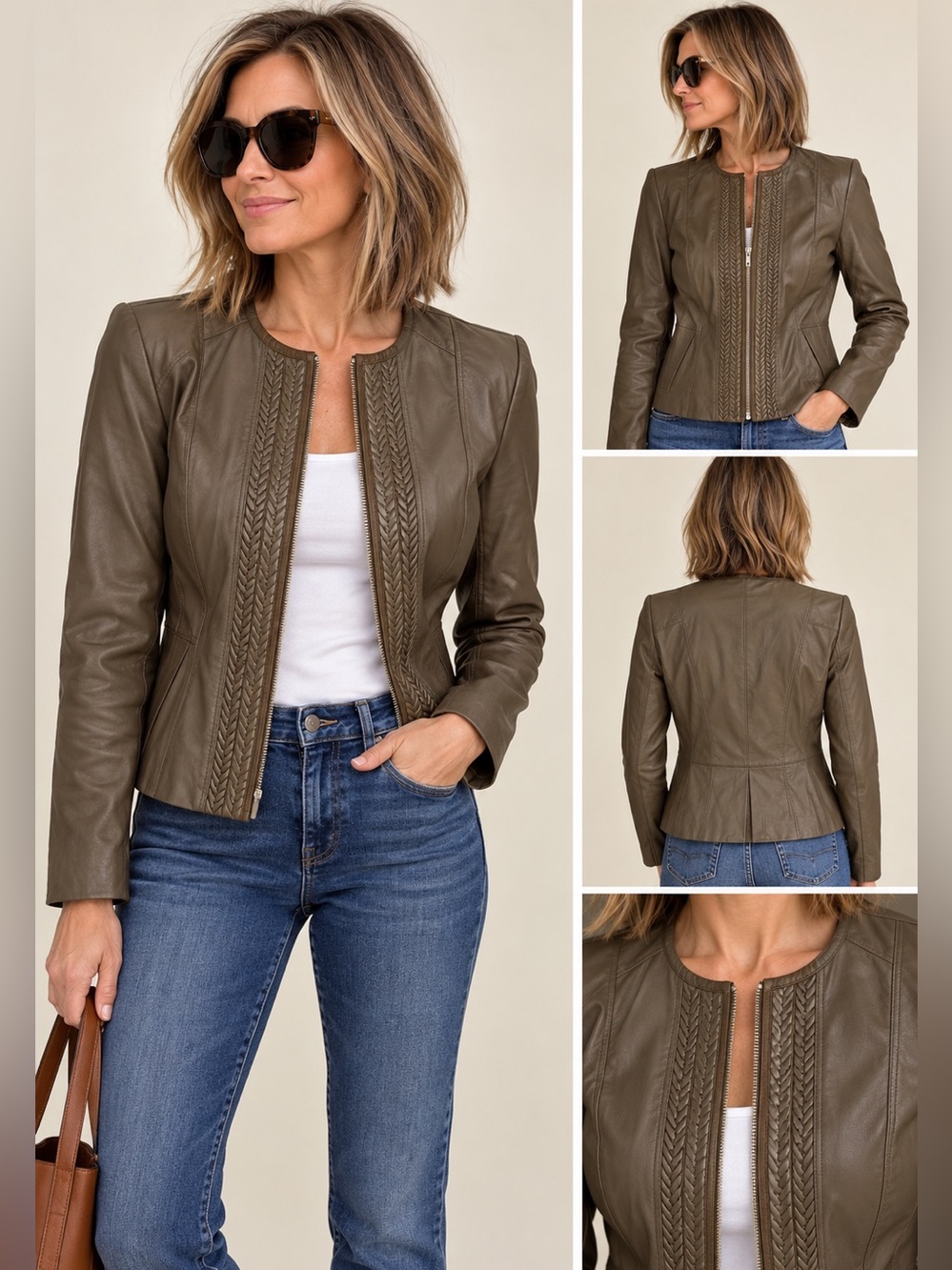 Charter Club Cognac Faux Leather Jacket Medium Tailored Zip Front Classic